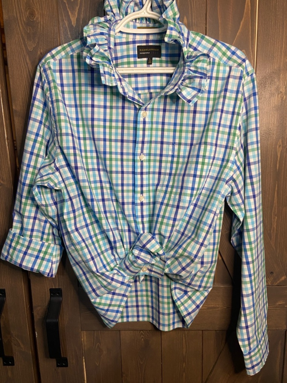 Women’s upcycled/reloved Saddlebred Blue, Green & White Plaid Button-Down Shirt